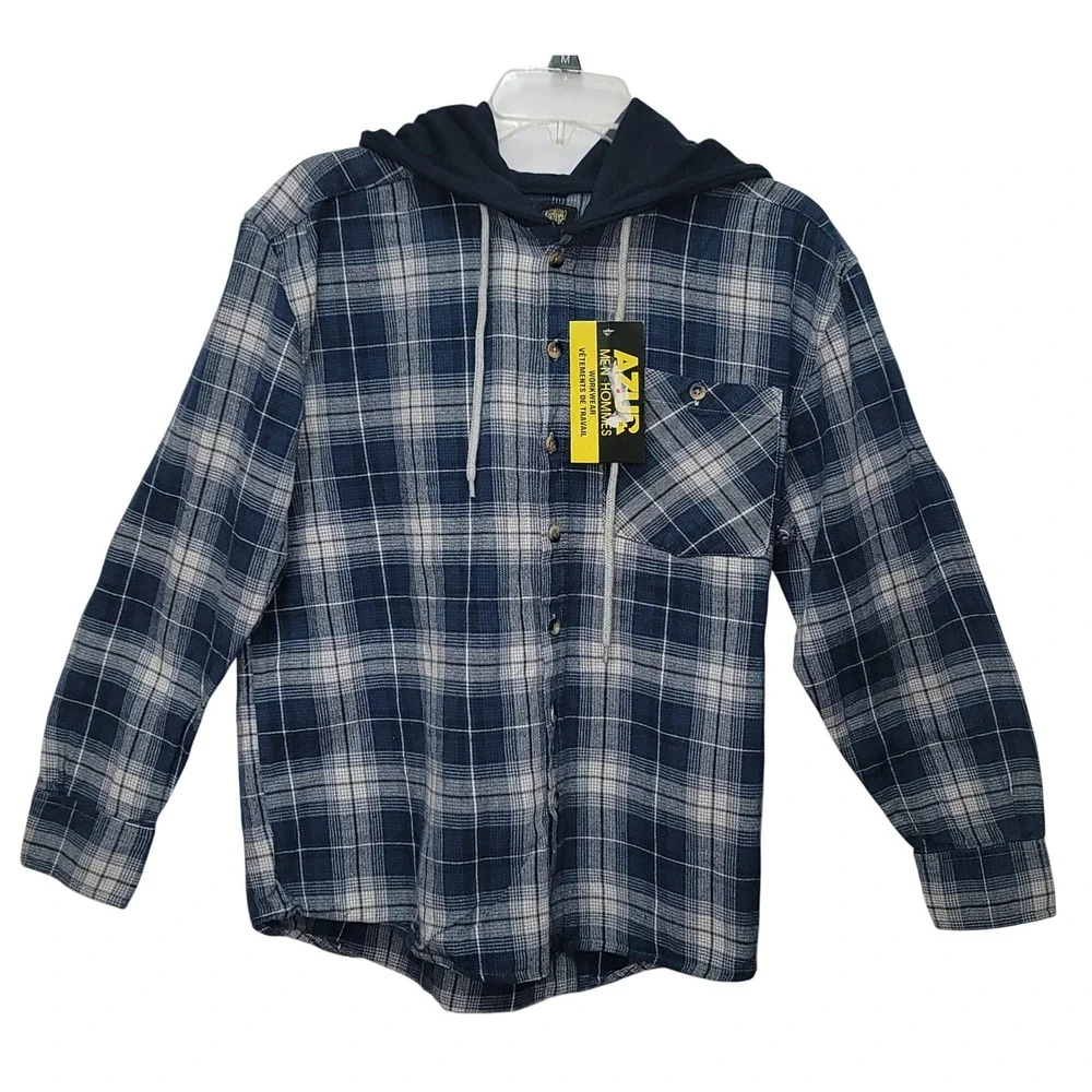 AZUR Hommes Plaid Flannel Hooded Shirt Blue White LongSleeve M Work Grunge Retro